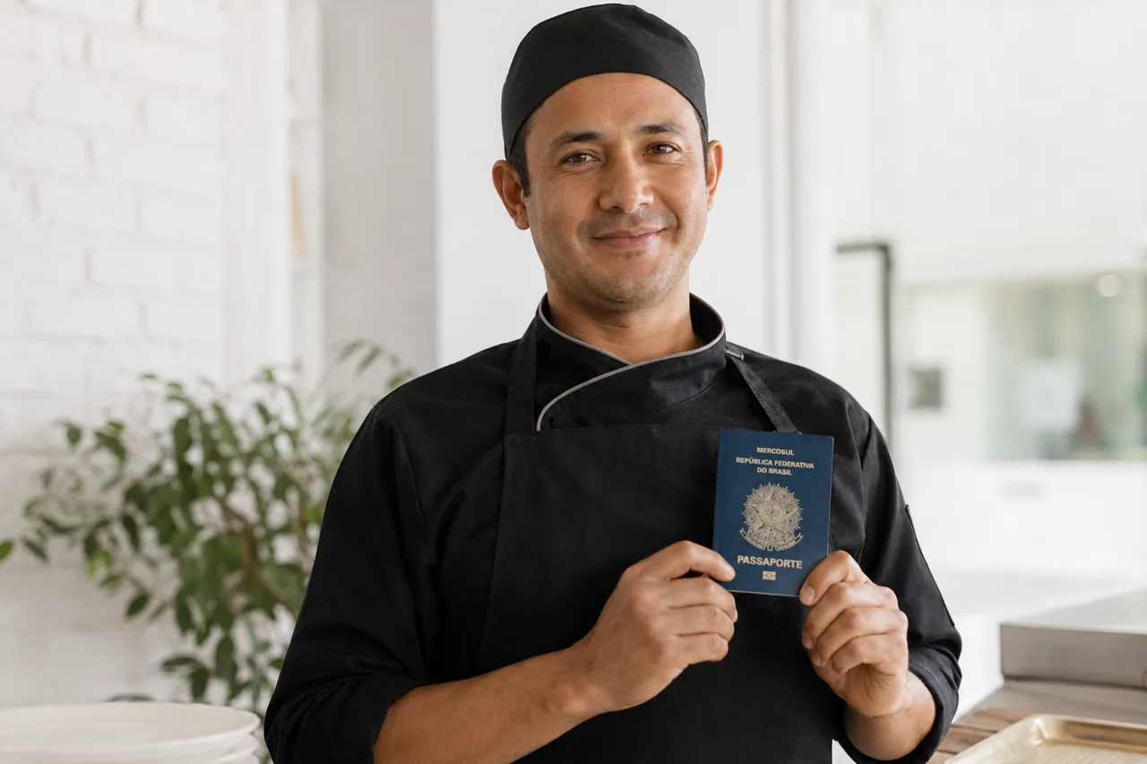 Cozinheiro brasileiro segurando o passaporte, pronto para a vaga com patrocínio